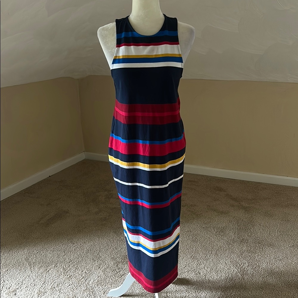 LOFT Blue White Sleeveless Midi Sheath Dress